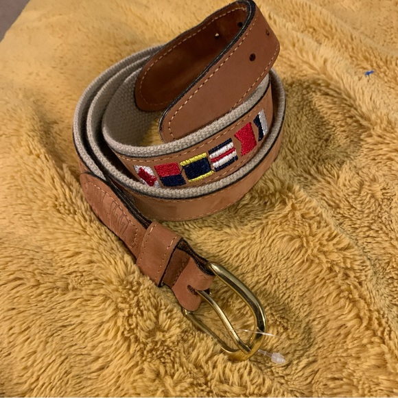 Zep Pro 38 Leather Canvas Nautical Flags Beige Belt Brass Buckle Embroidered 41” - Picture 1 of 8